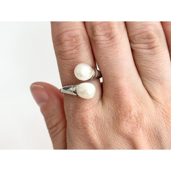 Wrap Around Bypass Shank Dual Faux Pearl Vintage Sterling Silver Ring - sz 9.5 - Picture 9 of 10